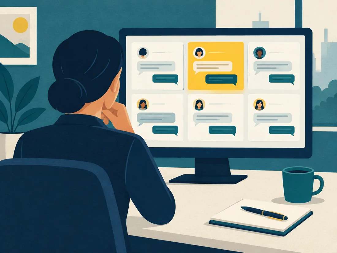 Ilustração de uma gestora revisando conversas num monitor