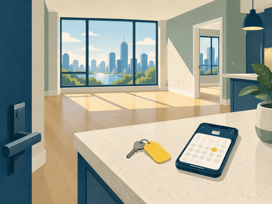 Apartamento vazio com chave e celular no balcão