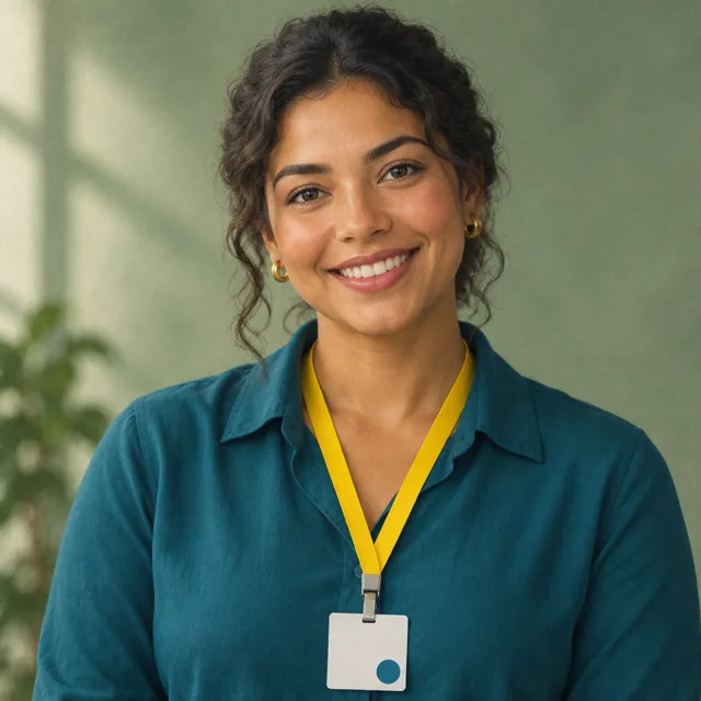 Ilustração da Marina, uma atendente com cordão amarelo e crachá
